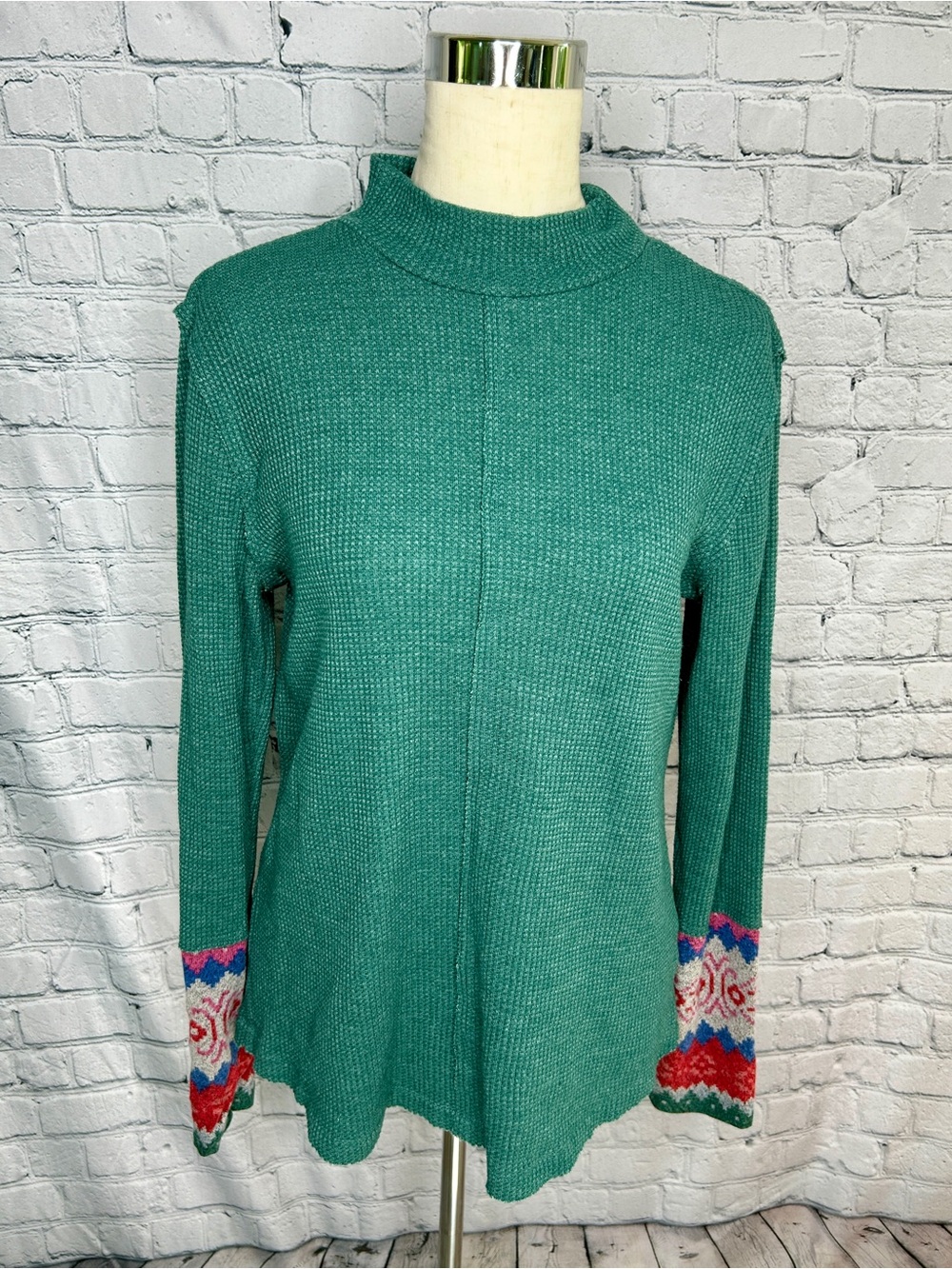 Maurices Teal Mock Neck Sweater with Colorful Patterned Cuffs
